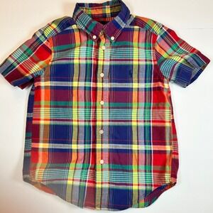 Ralph Lauren Boys Plaid Short Sleeve Button Down Shirt Size 5 Red Blue Yellow